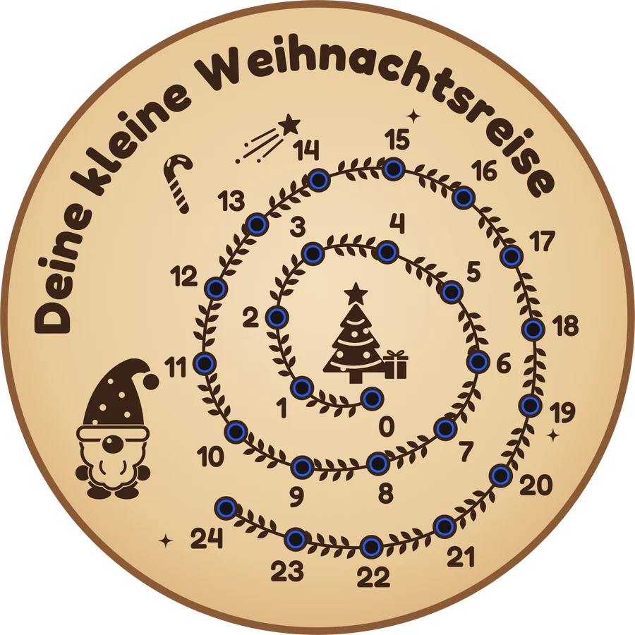 Runde Countdown-Holzscheibe mit Weg, Zahlen und Löchern, erstellt im FRAMEBUDDY Generator
