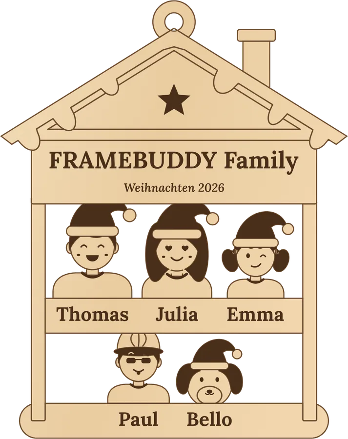 Family Christmas House aus Holz mit fünf Figuren und Namen, erstellt im FRAMEBUDDY Generator