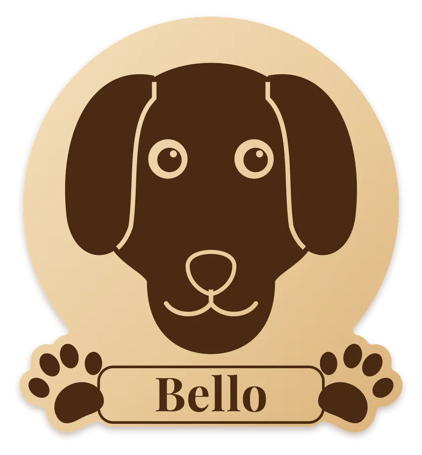 Haustier-Porträt aus Holz: runde Scheibe mit graviertem Hundekopf, Namensschild „Bello“ und zwei Pfoten, erstellt im FRAMEBUDDY Generator