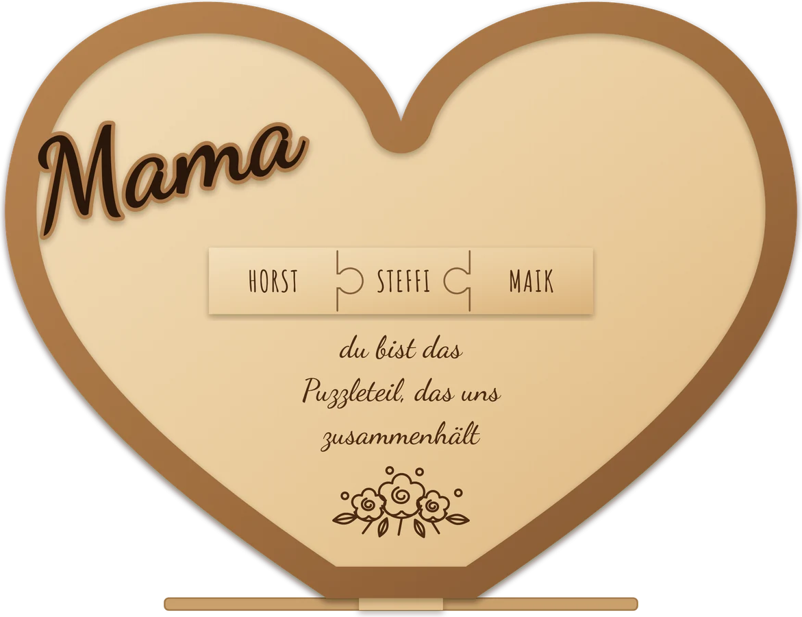 Herz-Puzzle aus hellem und dunklem Holz mit Titel Mama und Namens-Puzzle, erstellt im FRAMEBUDDY Generator