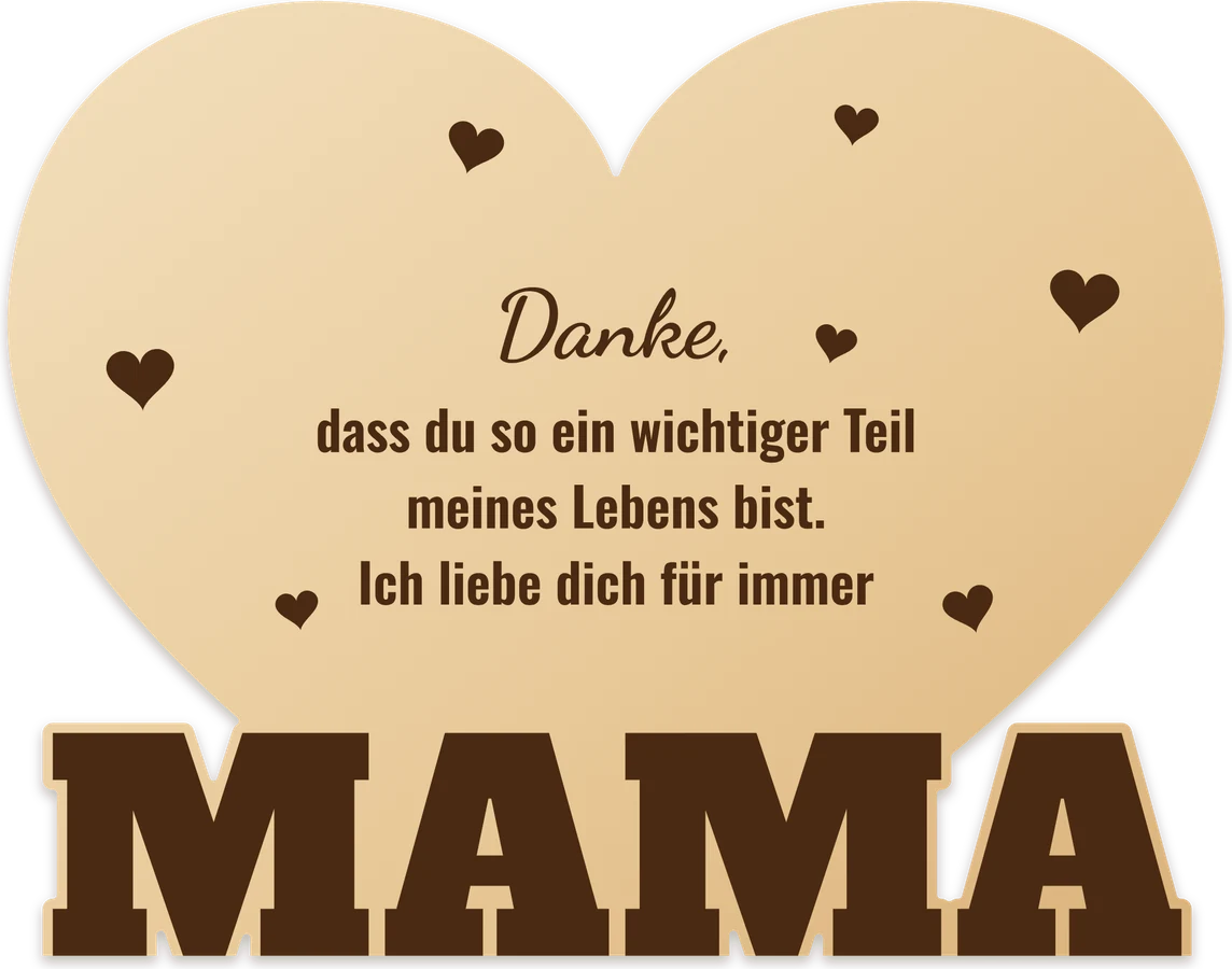 Holzherz mit graviertem Danke-Spruch, kleinen Herzen und dem Namen MAMA in Blockbuchstaben, erstellt im FRAMEBUDDY Generator
