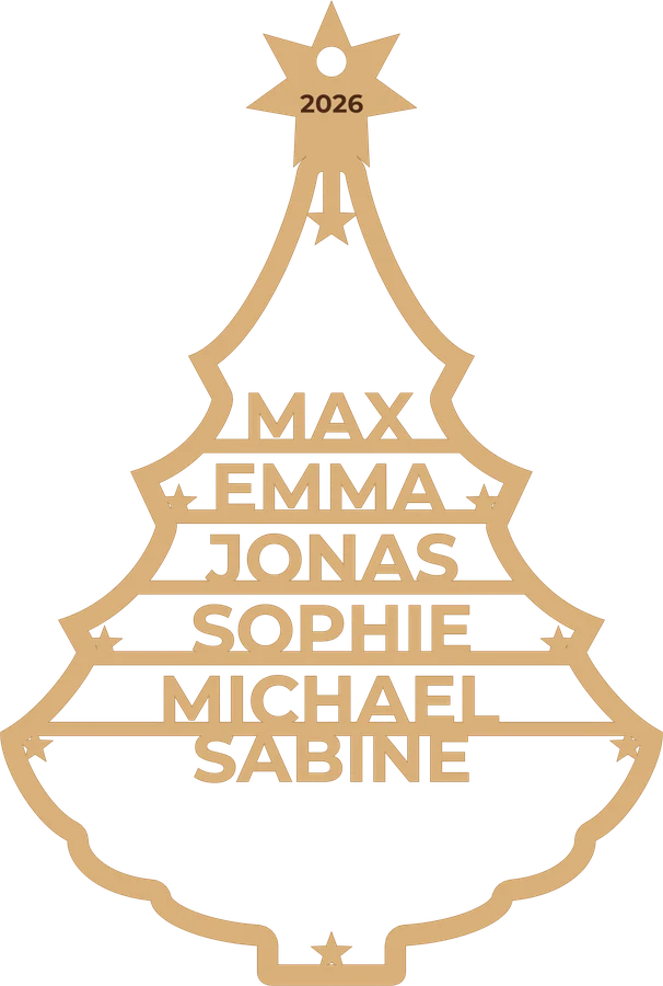 Weihnachtsbaum aus Holz mit sechs Namen, erstellt im FRAMEBUDDY Generator