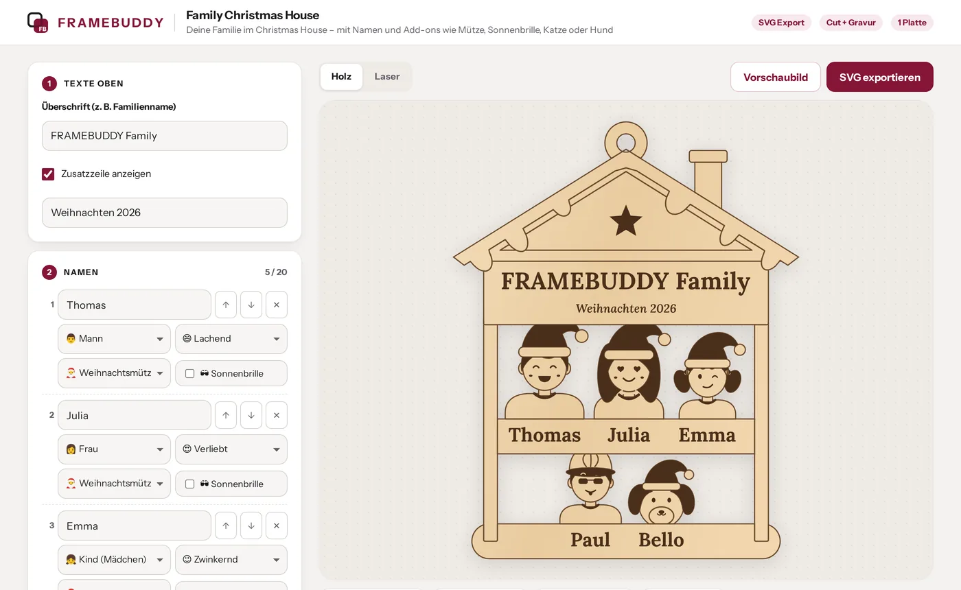 Der Generator Family Christmas House: links die Eingaben, rechts die Live-Vorschau mit Export-Button