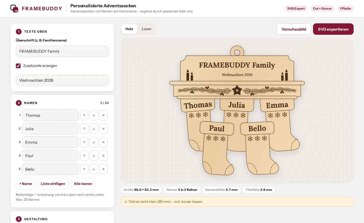 Interface of the Christmas stockings with names generator