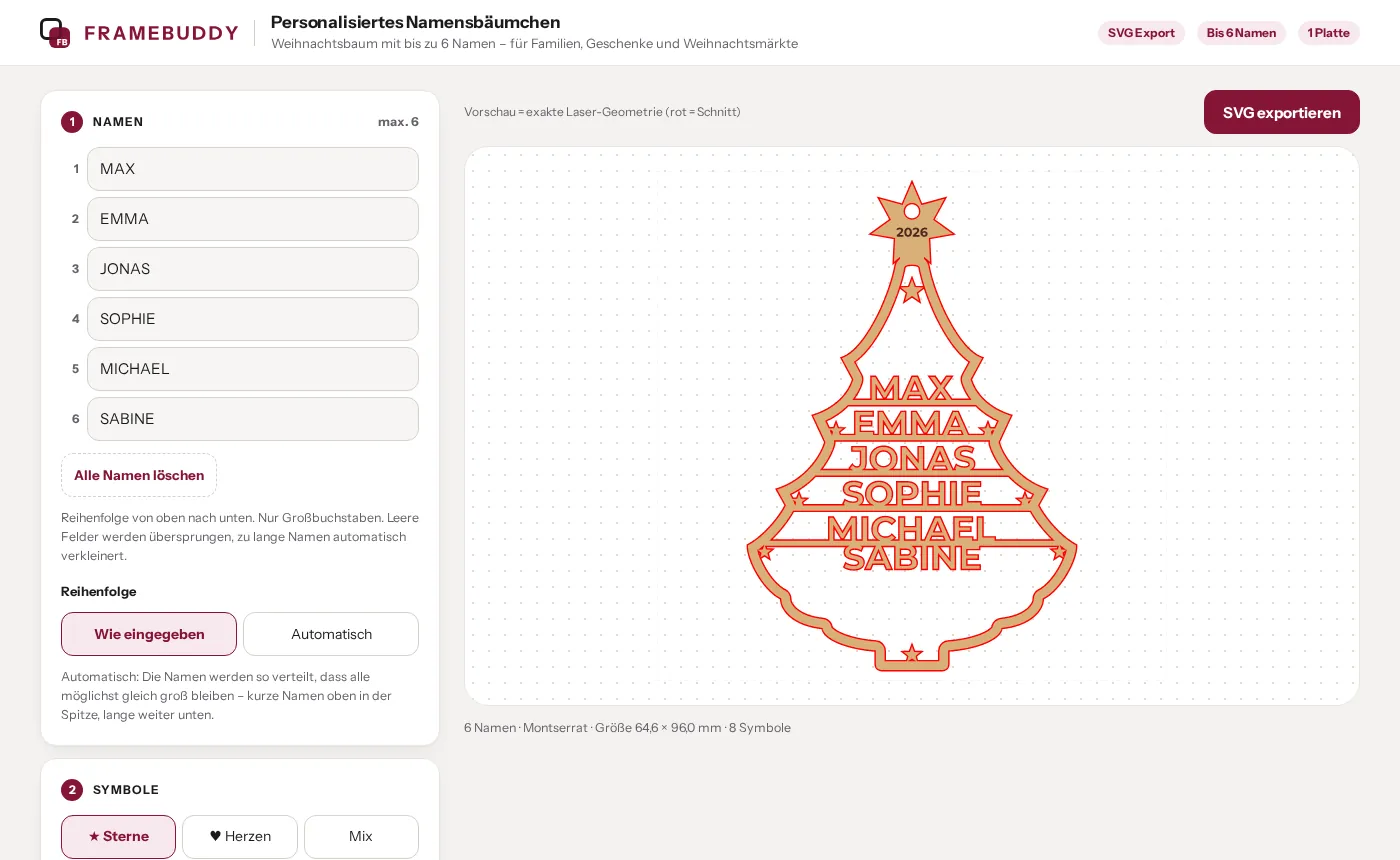 Oberfläche des Generators Weihnachtsbaum mit Namen