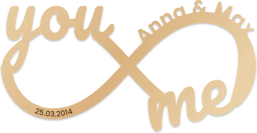 Unendlichkeitszeichen aus Holz mit zwei Namen und Datum, erstellt im FRAMEBUDDY Generator