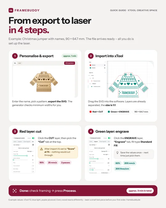 Quick guide in four steps: export the SVG in the generator, import it into xTool Creative Space, set the red layer to Cut and the green layer to Engrave.