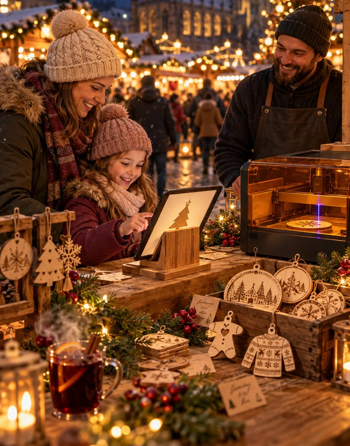 Mother and daughter design an ornament on the tablet at a market stall, the laser working next to them.
