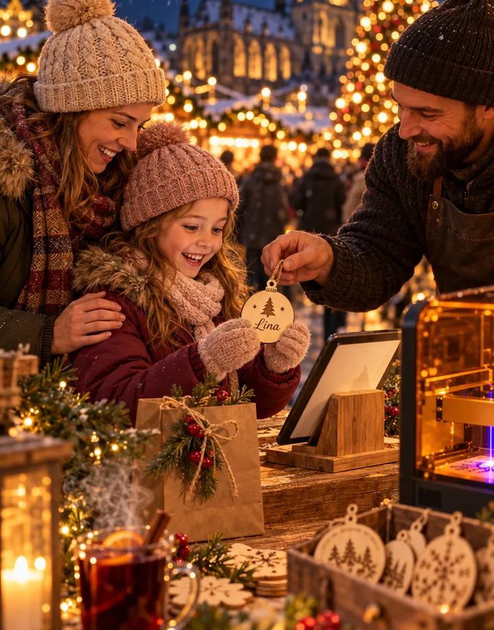 The maker hands the girl the freshly lasered ornament with her name.