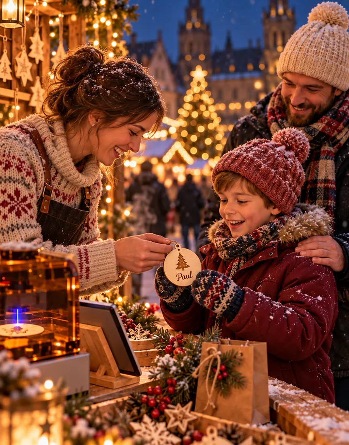 A boy receives his ornament with his name at the market stall.